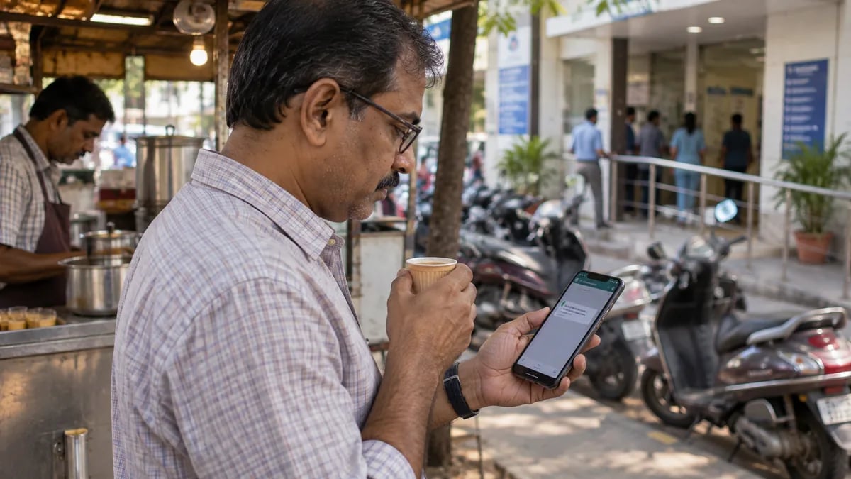 A patient waiting outside the clinic checks his queue position on his phone