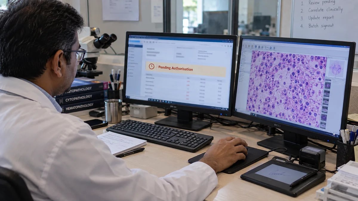 A pathologist reviewing a lab report before authorising and signing it off