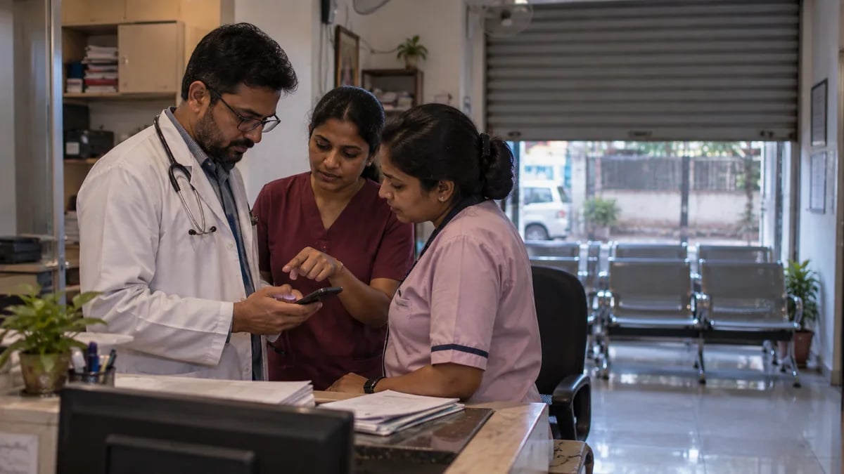 A doctor and front-desk staff going through the clinic app together at closing time