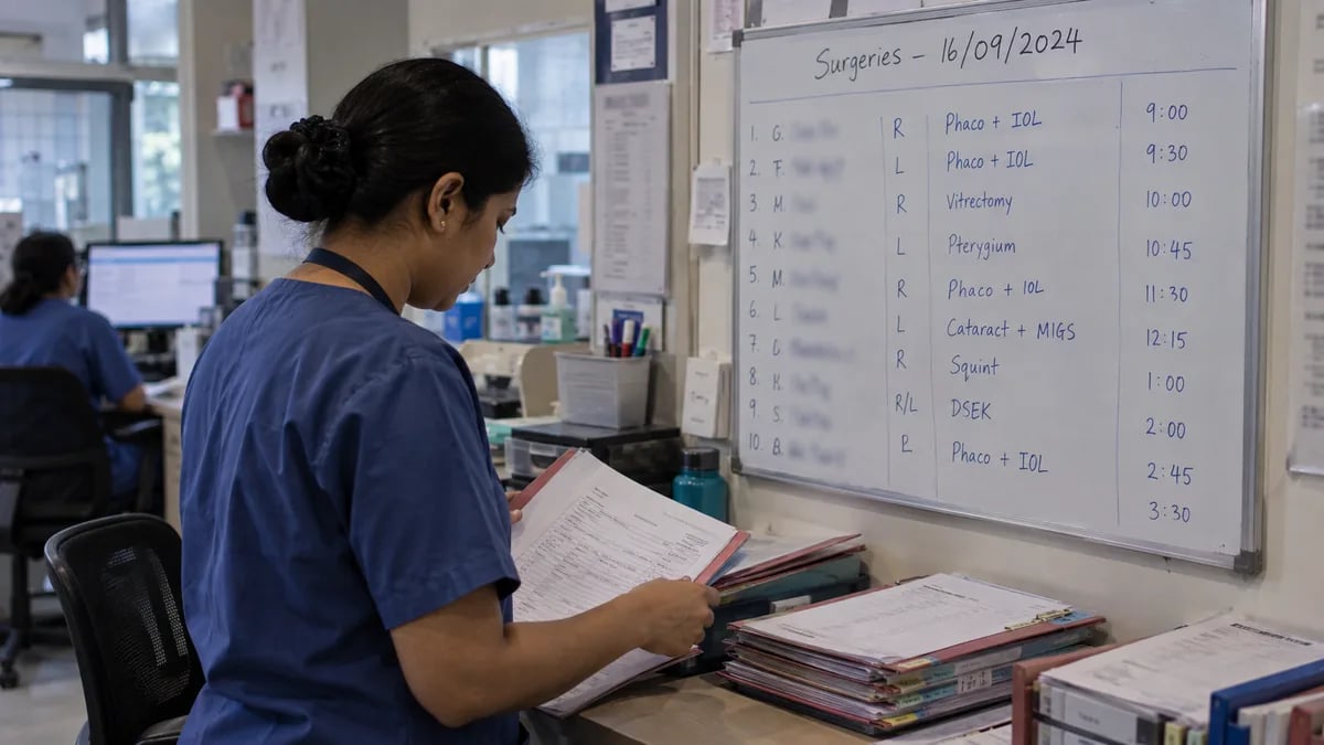 A whiteboard listing the next day's cataract surgery patients, checked against their files