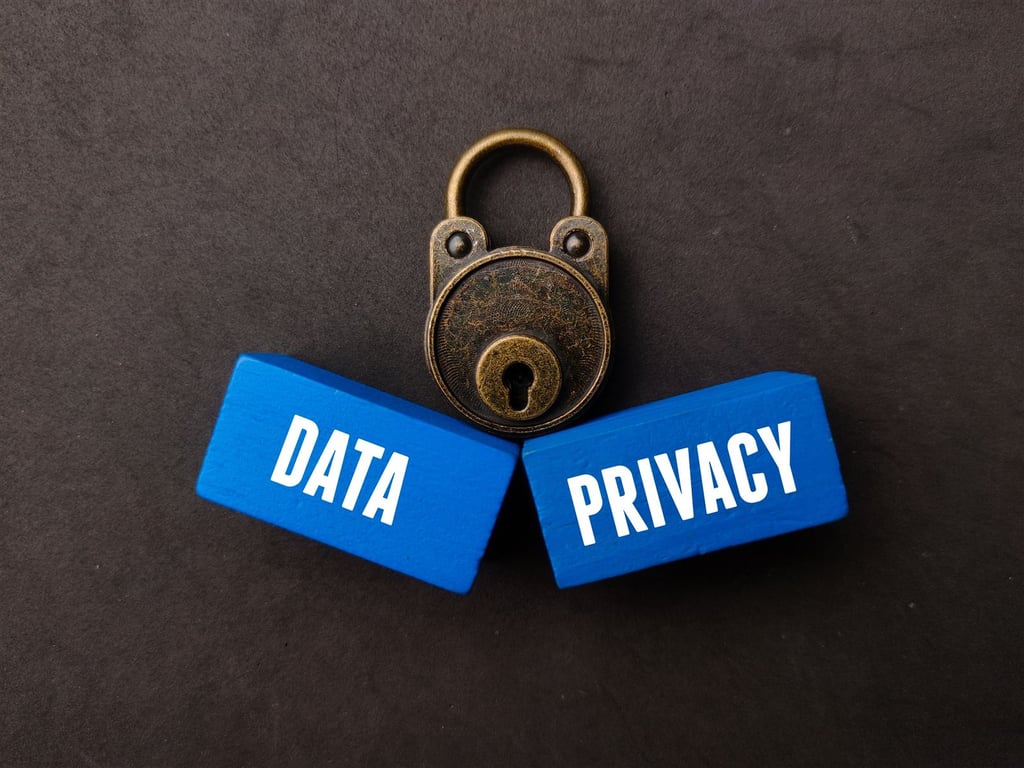 A padlock resting on two blocks labelled Data and Privacy, representing consent-based health data security