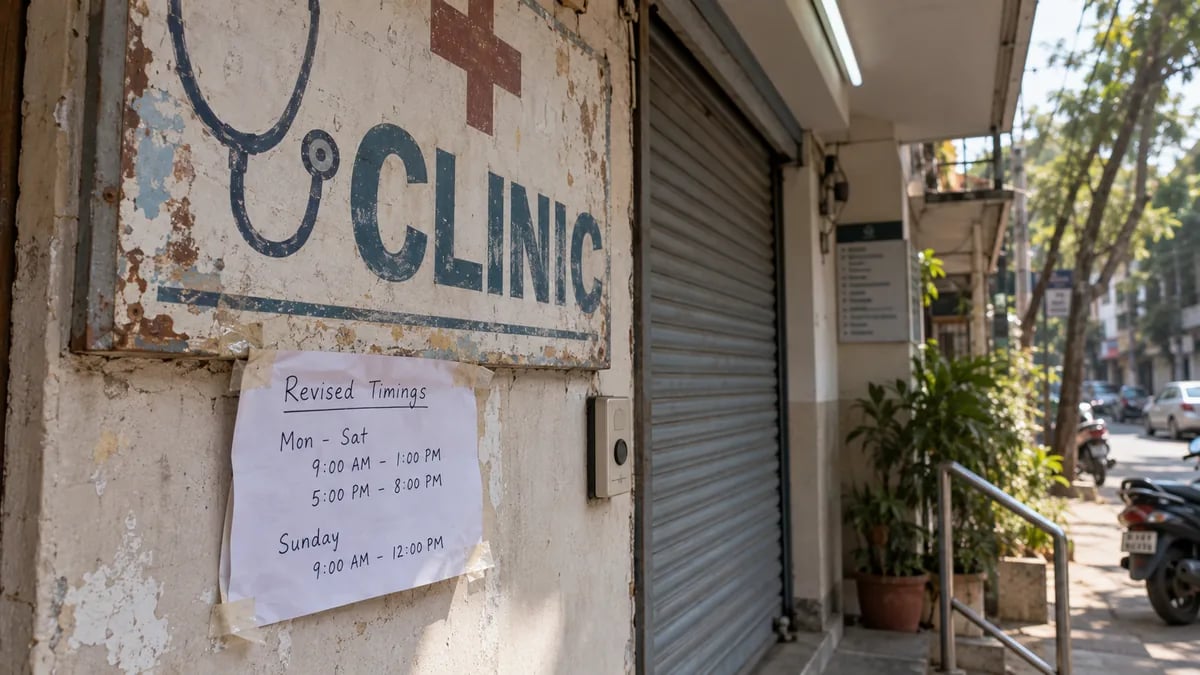 A clinic signboard with revised timings taped on a paper notice, the printed details out of date