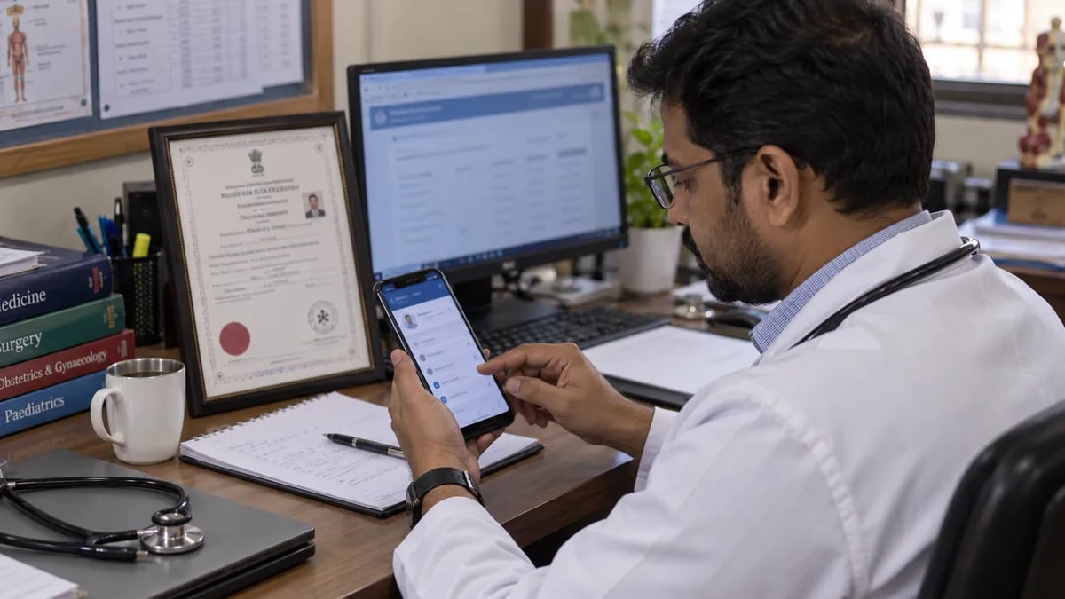A doctor confirming his professional registration on his phone at his clinic desk