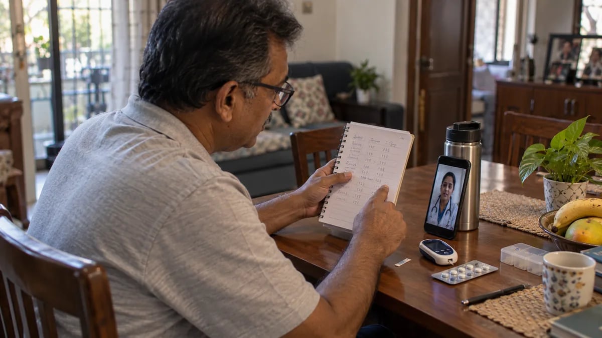 A patient showing his handwritten blood sugar readings during a video consultation from home