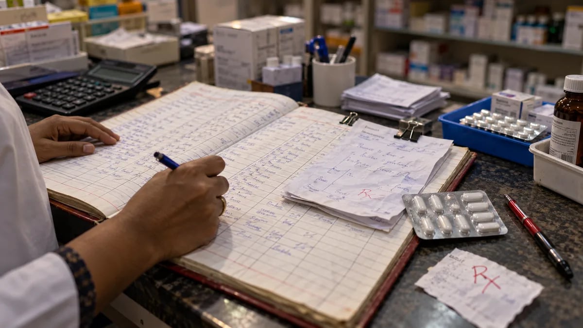 A Schedule H1 register at a clinic pharmacy counter with a prescription clipped to it