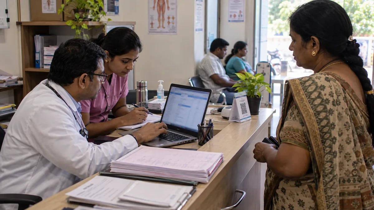 A solo doctor testing clinic software on a real booking with a patient at the counter