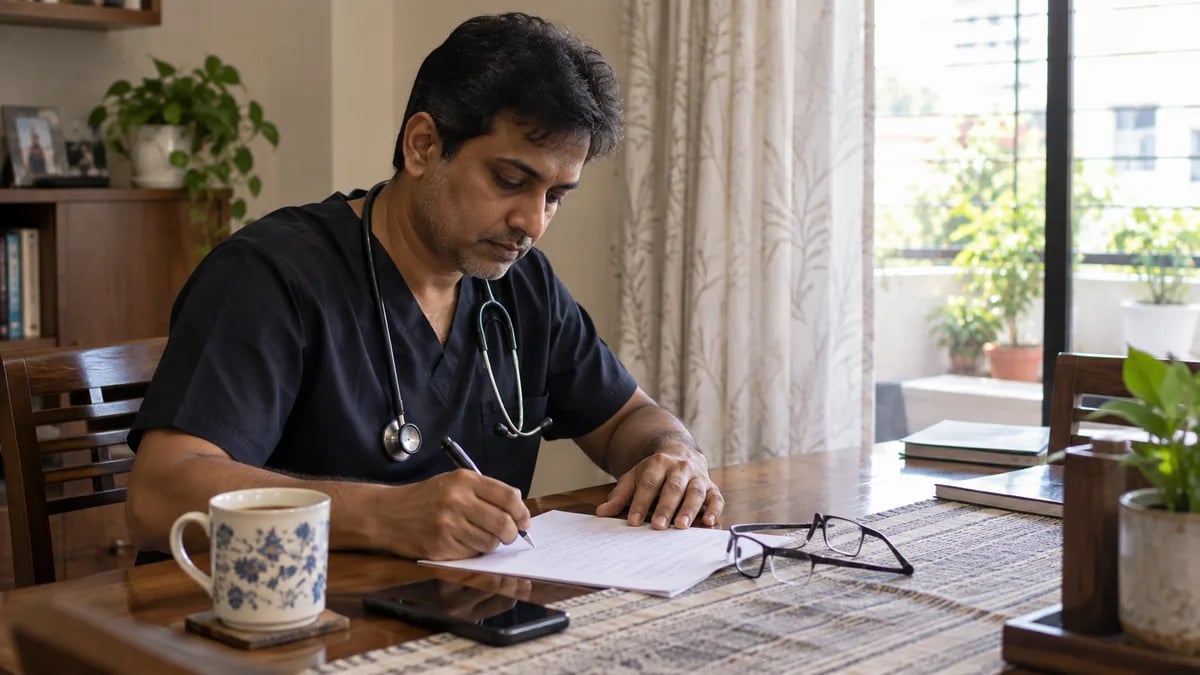 A doctor writing a one-page list of practice needs and budget before contacting software vendors