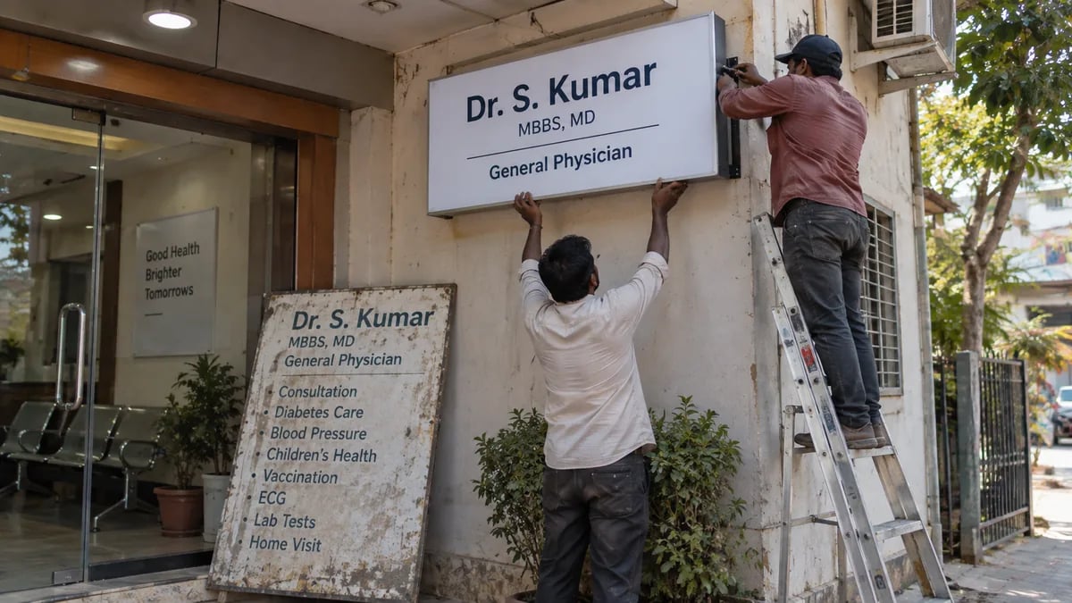 Workers installing a plain, compliant clinic signboard with just the doctor's name and qualification