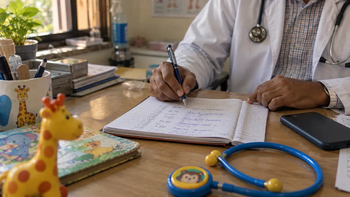 A doctor's handwritten script of a normal clinic morning prepared before a software demo