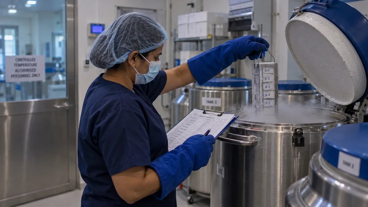 A technician checking a cryopreservation tank's inventory against its records