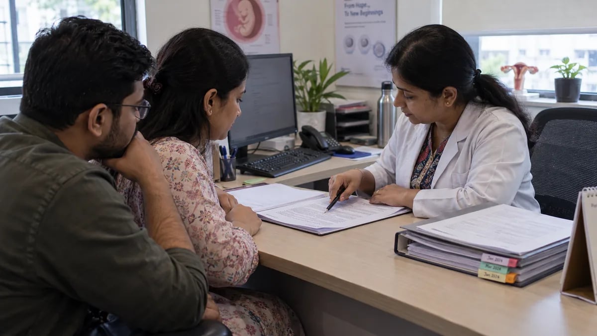 A fertility clinic counsellor explaining a specific clause in a dated consent document to a couple