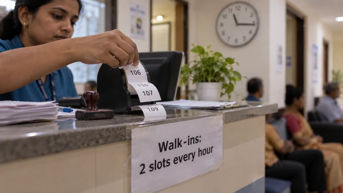 A printed notice at clinic reception reserving two walk-in slots every hour