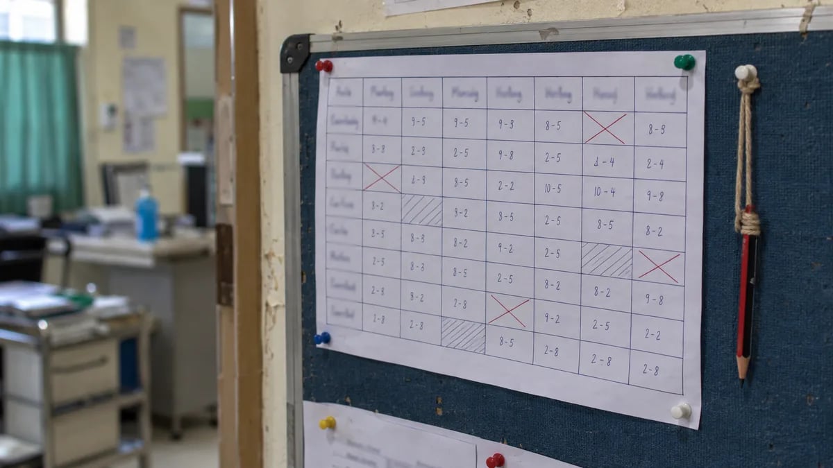 A clinic's weekly availability chart with timings and blocked-out sessions
