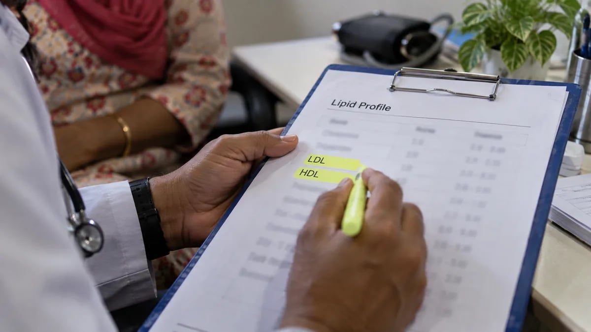 Doctor highlighting LDL and HDL values on a printed lipid profile report