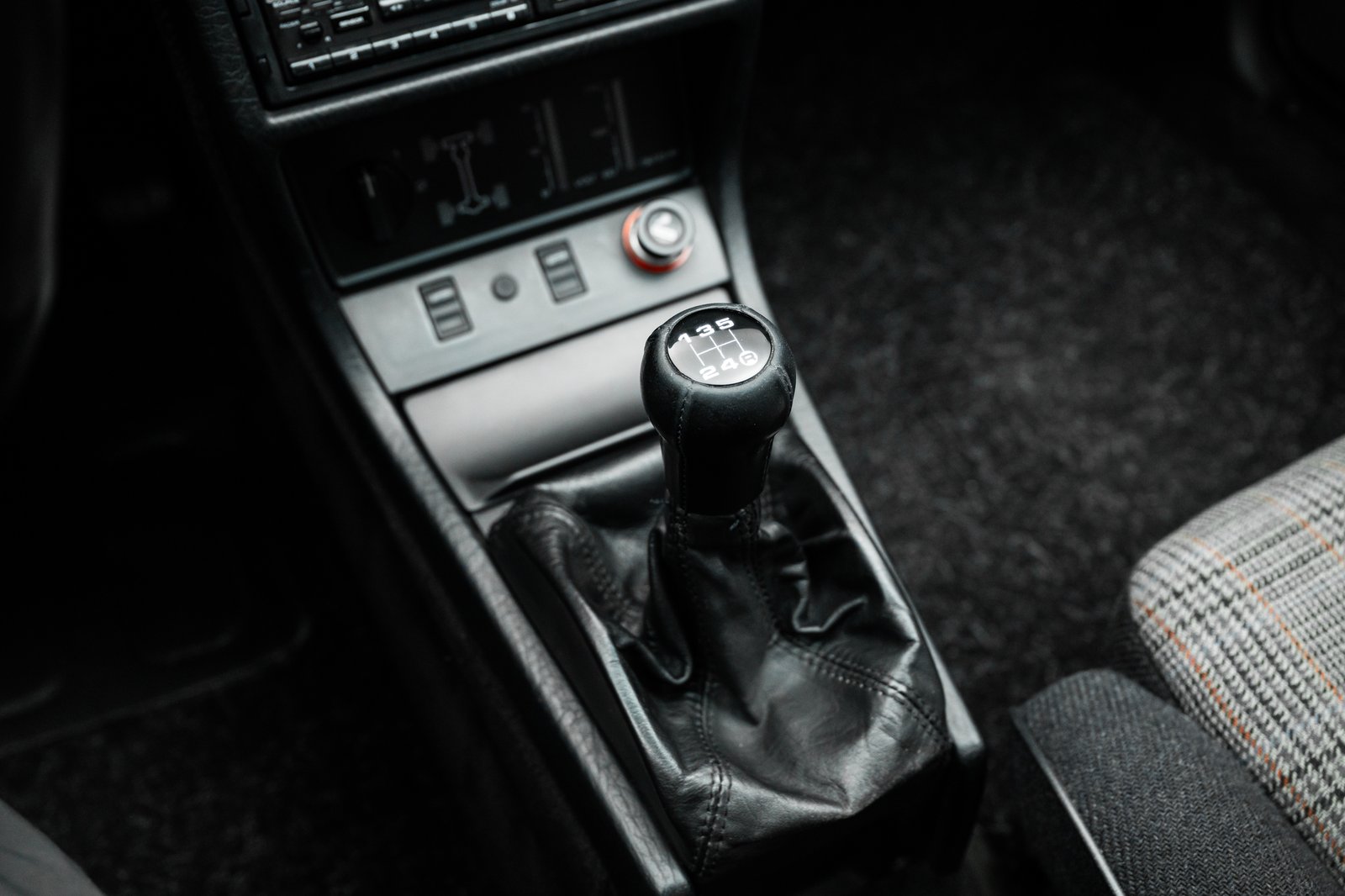 Five-speed manual shifter and surrounding controls inside the 1986 Audi WR Ur-Quattro.
