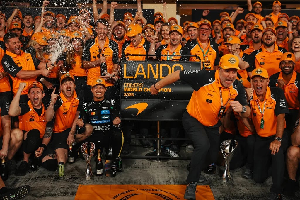 The 2025 McLaren team celebrates Lando Norris winning the World Drivers' Championship
