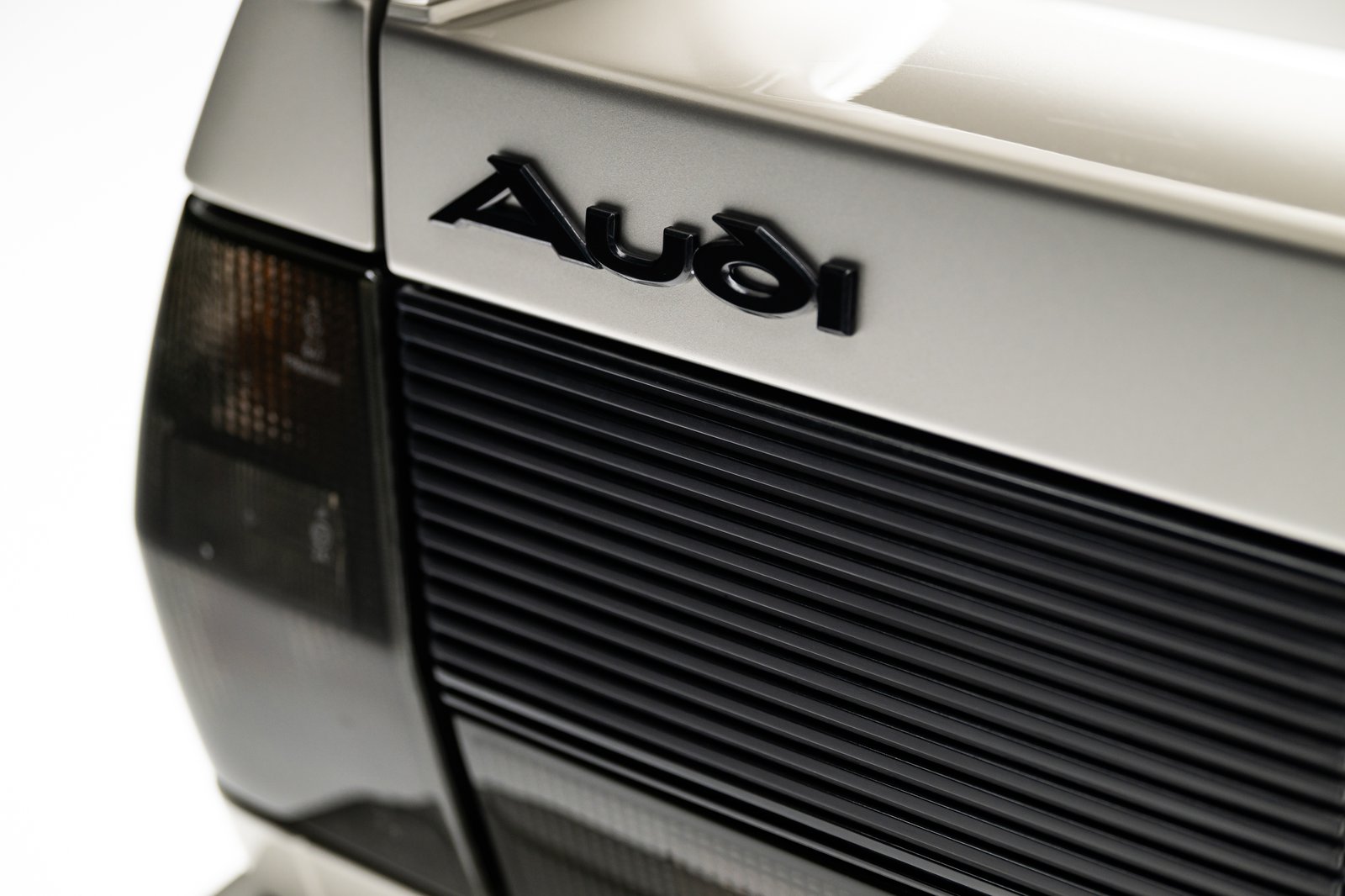 Close view of the rear Audi four-ring badge on the 1986 WR Ur-Quattro.