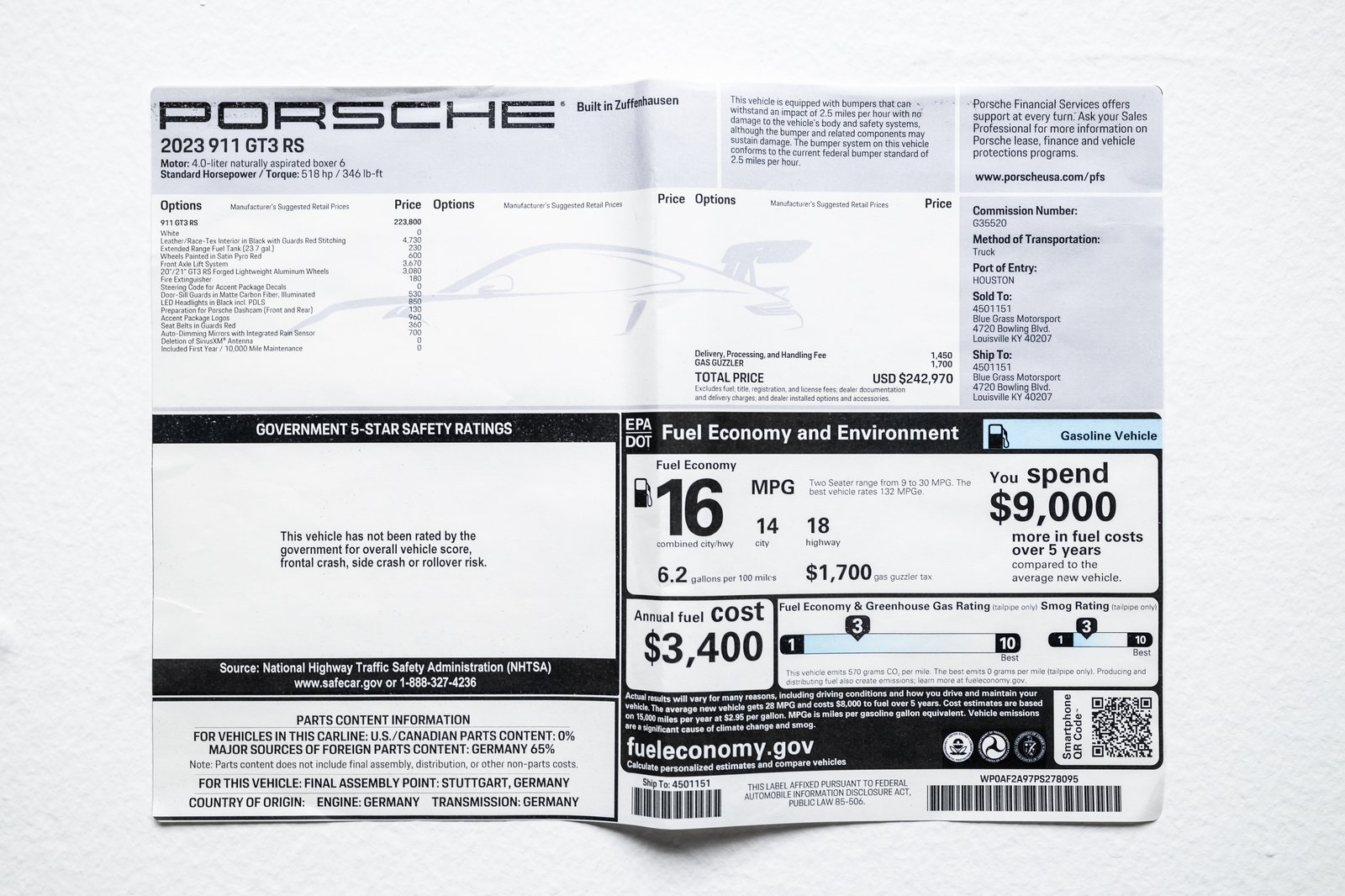 Window sticker for the 2023 Porsche 911 GT3 RS showing factory options, delivery details, and original pricing.