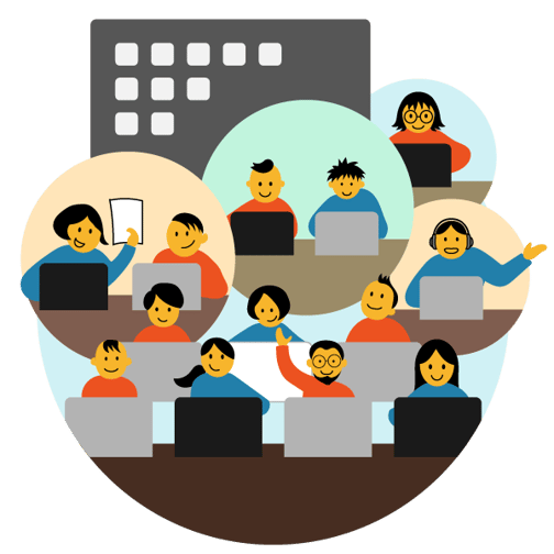 中規模企業のイメージ図。複数人がPCの前に座っている様子。