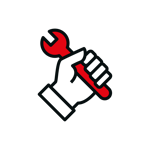 maintenance icon, line drawing of a hand holding a red spanner