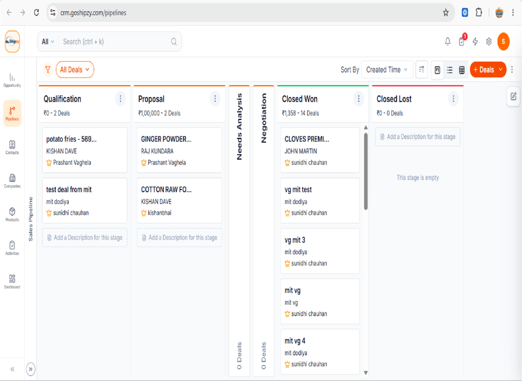 Shipzy CRM Dashboard — pipeline with export order hand-off