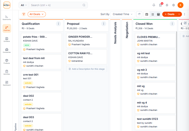 Shipzy CRM Dashboard — pipeline with export order hand-off