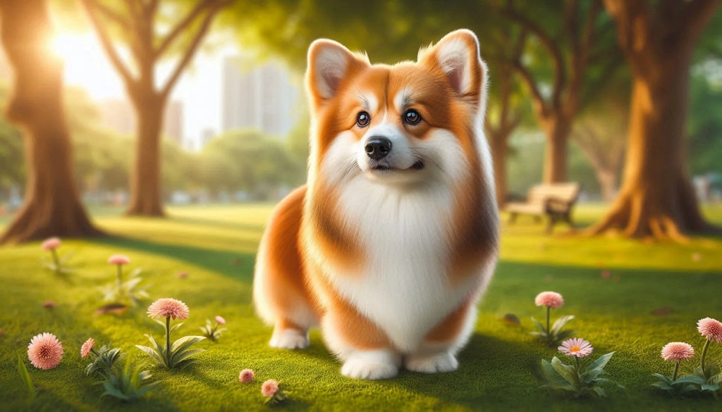 Corgi (Pembroke Welsh) dog is standing in the gras