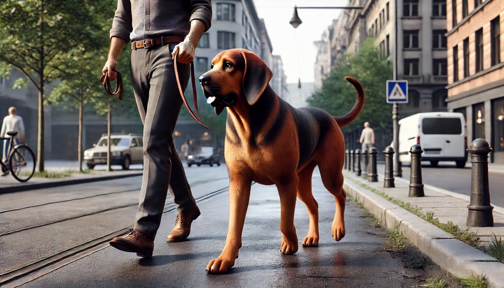 Bavarian Mountain Hound dog walking with man