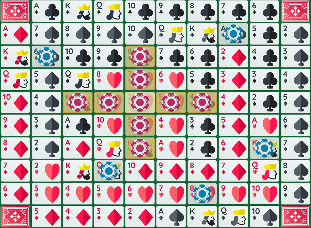 Board showing a valid intersection — two sequences sharing one chip