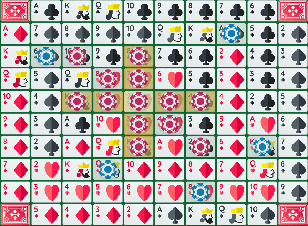 Board showing an invalid intersection — a third sequence cannot reuse a chip already in two sequences