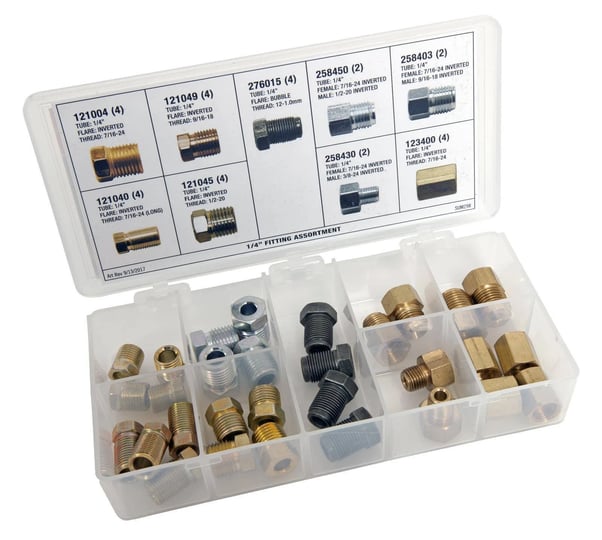 1-4-in-brake-line-fittings-assortment-steel-brass-clear-plastic-case-set-of-30-summit-racing-sum-298-1