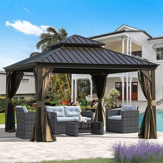 12-ft-x-12-ft-brown-metal-square-screened-gazebo-with-steel-roof-1