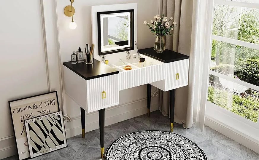 43-3-modern-vanity-table-set-with-flip-top-mirror-led-light-customizable-storage-white-and-black-1