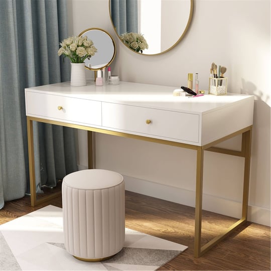 47-inches-computer-desk-with-2-drawers-writing-desk-gold-white-1