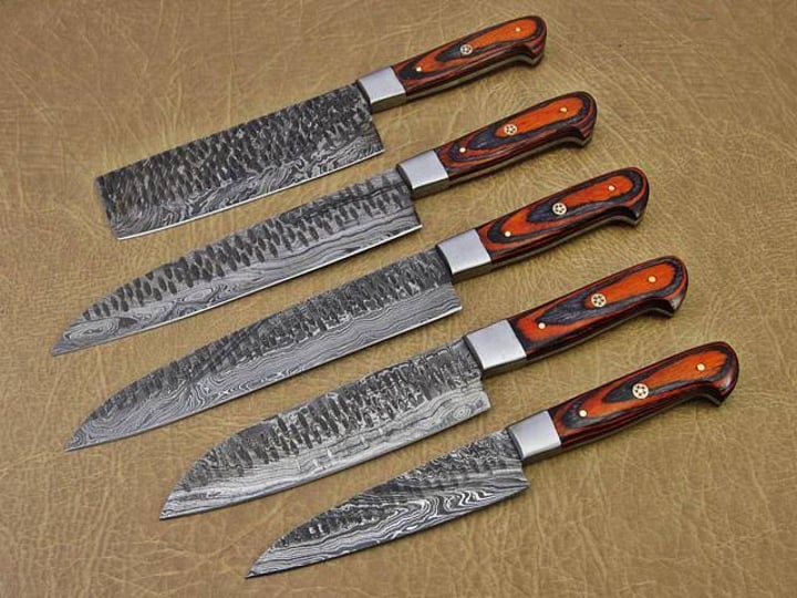 5-pieces-orange-damascus-steel-hammered-kitchen-knife-set-custom-made-hand-forged-damascus-steel-kit-1
