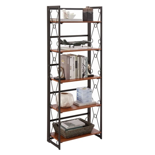 5-shelves-bookshelf-industrial-folding-wooden-bookcase-with-metal-frame-brown-1