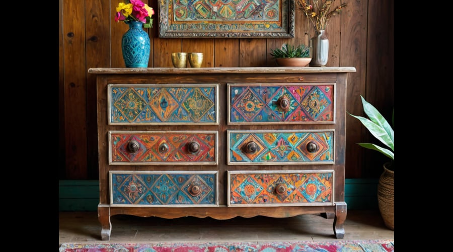 A curated selection of bohemian dressers that blend boho charm with functional storage, featuring eclectic patterns, natural materials, and artistic touches.
