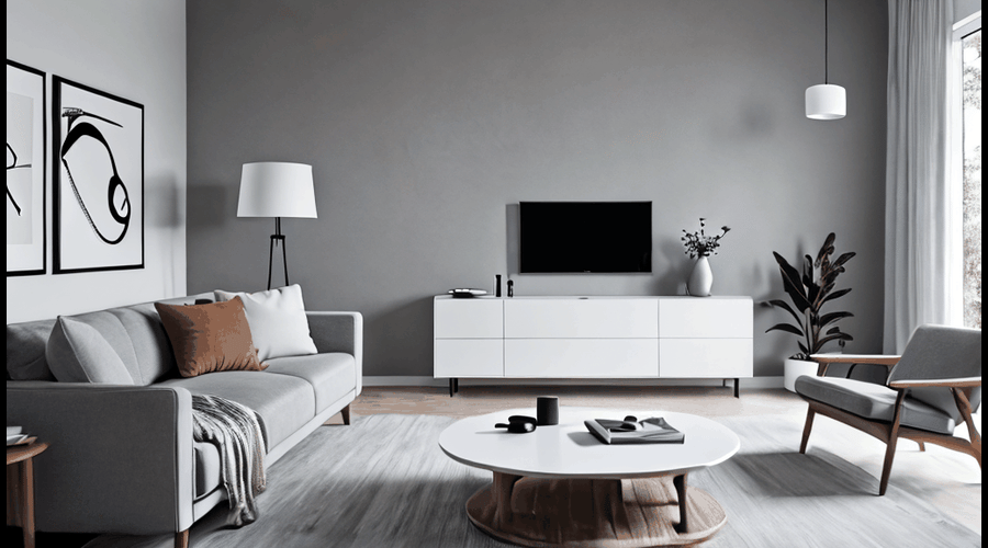 A curated selection of grey and white living room furniture and accessories that create a sophisticated, minimalist space.