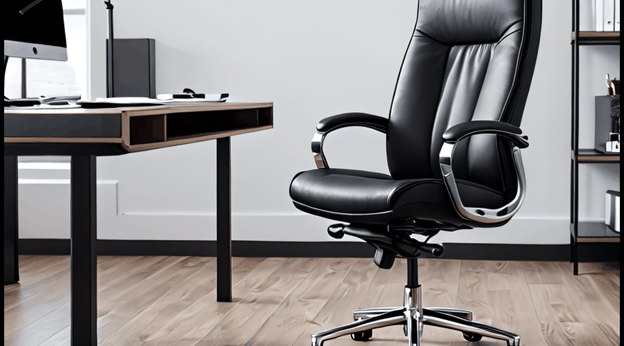 This executive office chair features a high back design for superior lumbar support, with adjustable height and tilt mechanisms for customized comfort.