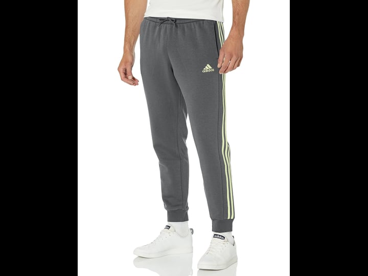 adidas-mens-essentials-fleece-3-stripes-tapered-cuff-pants-dark-grey-heather-pulse-lime-l-1