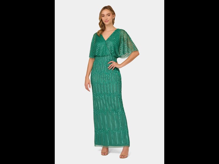 adrianna-papell-womens-beaded-flutter-sleeve-blouson-gown-jungle-green-size-3