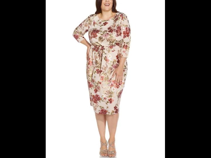 adrianna-papell-womens-beige-tie-zippered-lined-floral-3-4-sleeve-round-neck-midi-wear-to-work-sheat-1