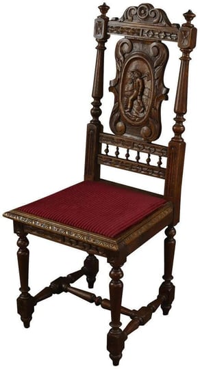 antique-dining-chair-brittany-carved-chestnut-country-man-figure-red-upholstery-1