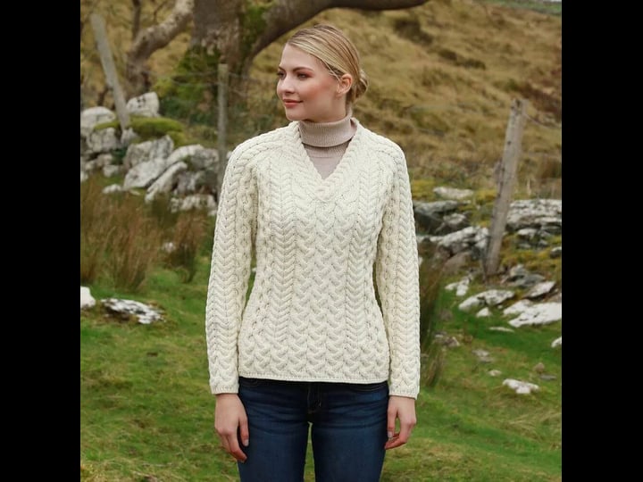 aran-woollen-mills-merino-wool-knit-v-neck-fitted-ladies-sweater-womens-size-xl-white-1