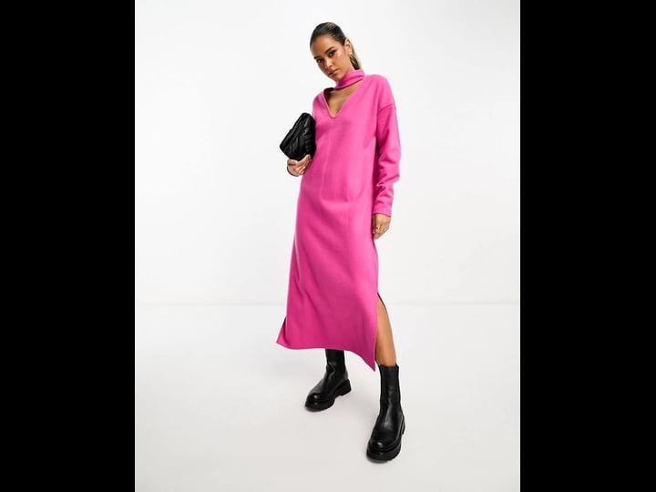 asos-design-cutout-mock-neck-long-sleeve-knit-dress-in-bright-pink-1