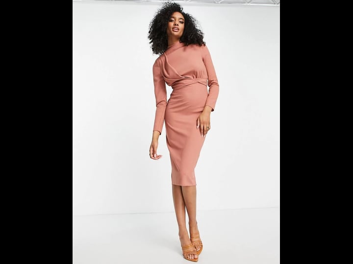 asos-design-twist-front-padded-shoulder-long-sleeve-crepe-dress-in-pink-1
