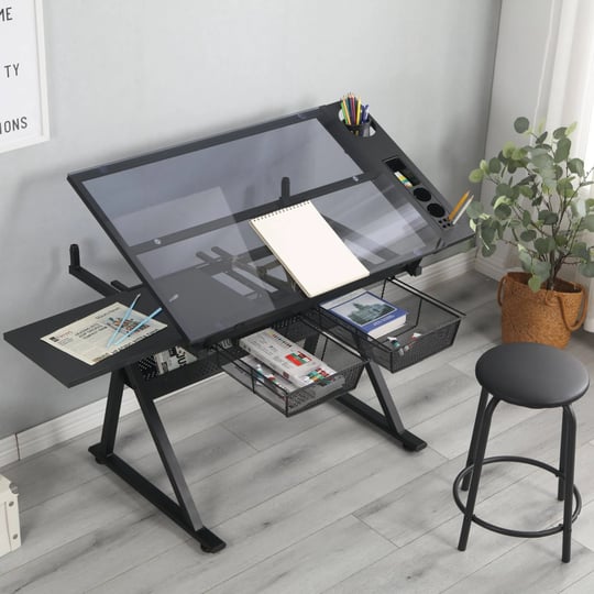 black-adjustable-tempered-glass-drawing-printing-desk-with-chair-modernluxe-1