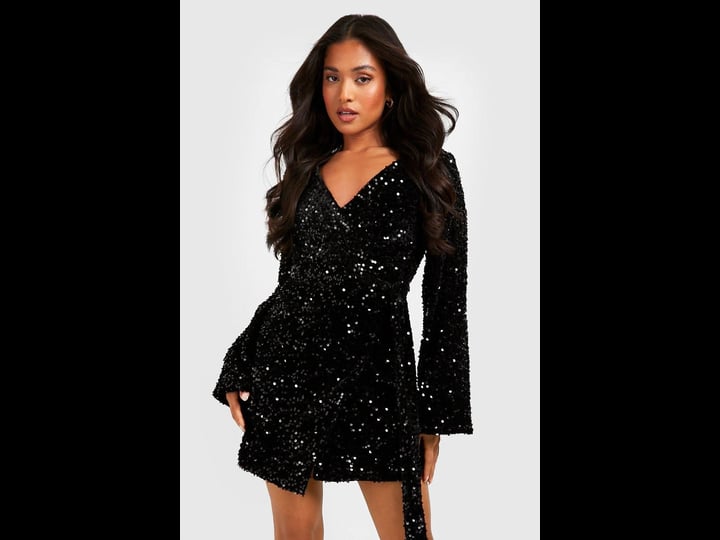 boohoo-petite-velvet-sequin-flare-sleeve-wrap-dress-1