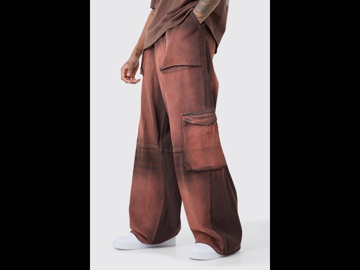 boohooman-tall-overdyed-parachute-cargo-jeans-red-size-41