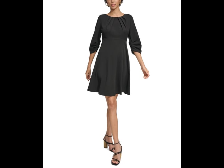calvin-klein-womens-3-4-sleeve-ruched-a-line-dress-black-1